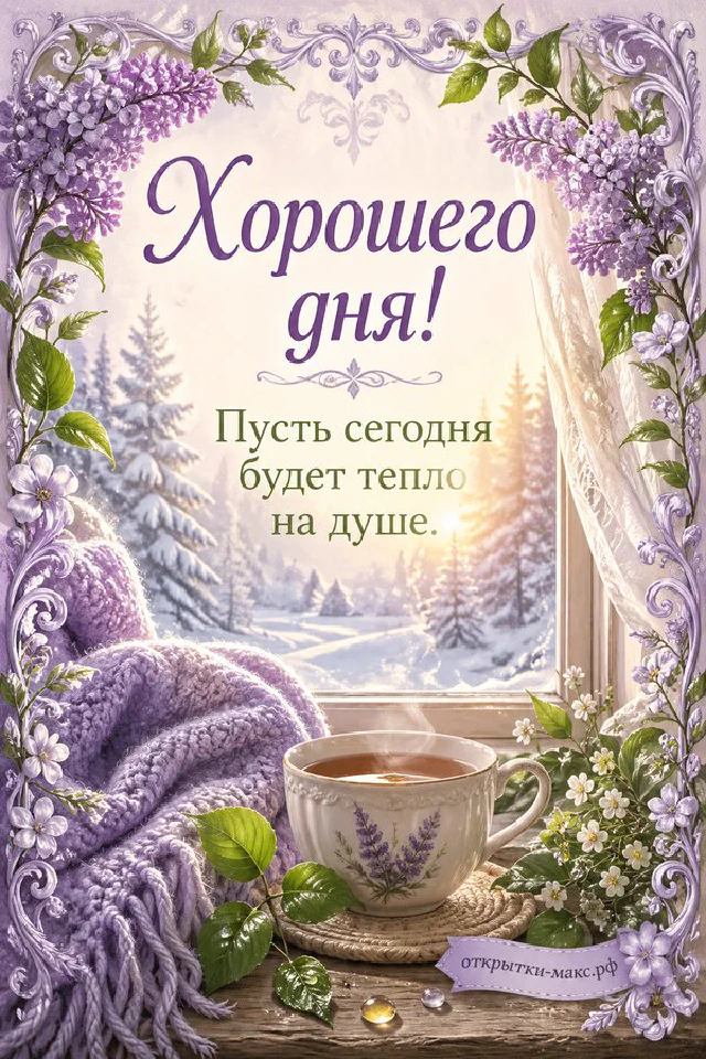 Акварельная открытка с персиковой розой на книге, горящей свечой и подушкой в кружевном интерьере, надпись «Хорошего дня» — вариант 7