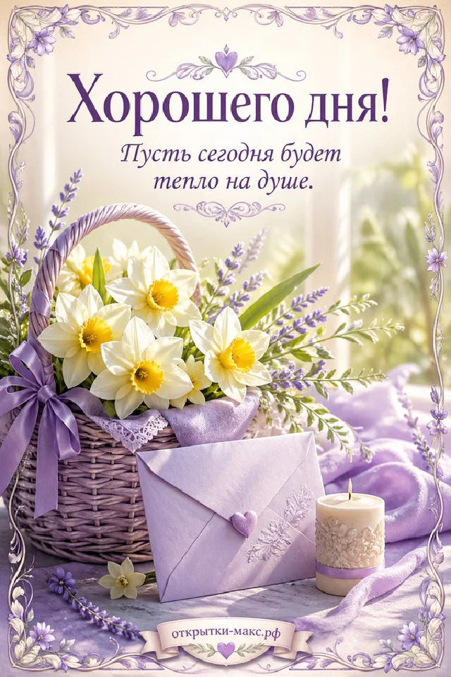 Акварельная открытка с персиковой розой на книге, горящей свечой и подушкой в кружевном интерьере, надпись «Хорошего дня» — вариант 8