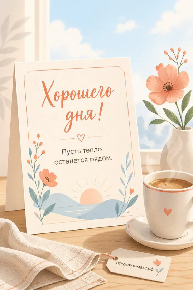 Открытка хорошего дня с персиковыми и кремовыми розами у светлого окна — вариант 2