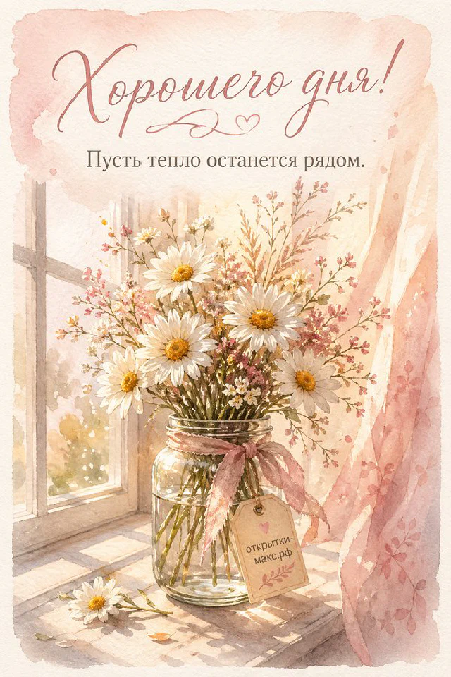 Открытка хорошего дня с персиковыми и кремовыми розами у светлого окна — вариант 3