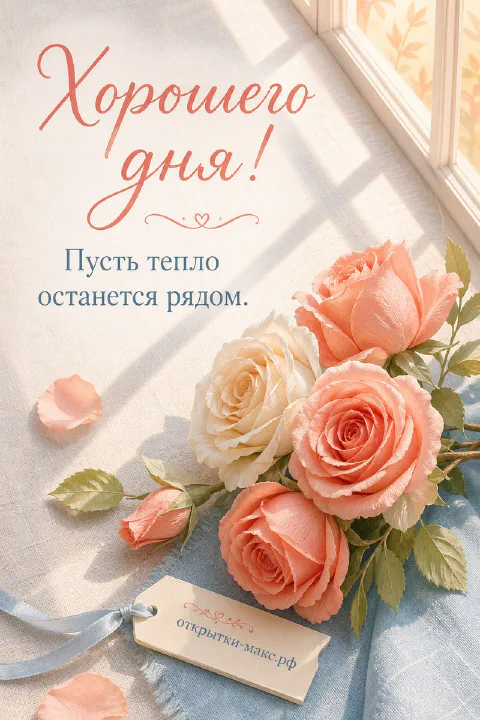 Открытка хорошего дня с персиковыми и кремовыми розами у светлого окна