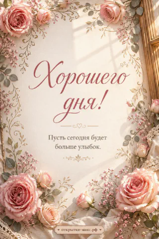 Крупные розовые розы с гипсофилой в золотой рамке, открытка «Хорошего дня!»