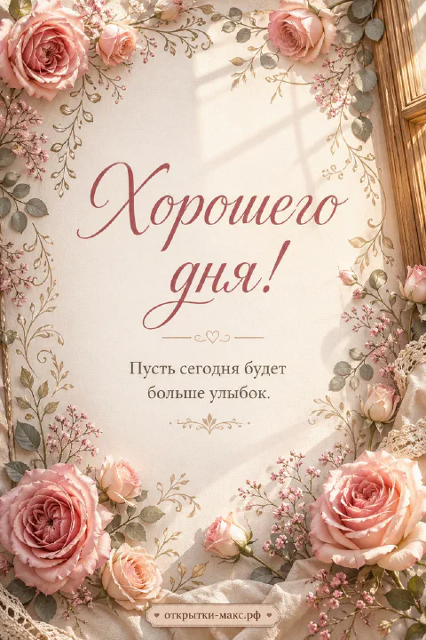 Крупные розовые розы с гипсофилой в золотой рамке, открытка «Хорошего дня!»
