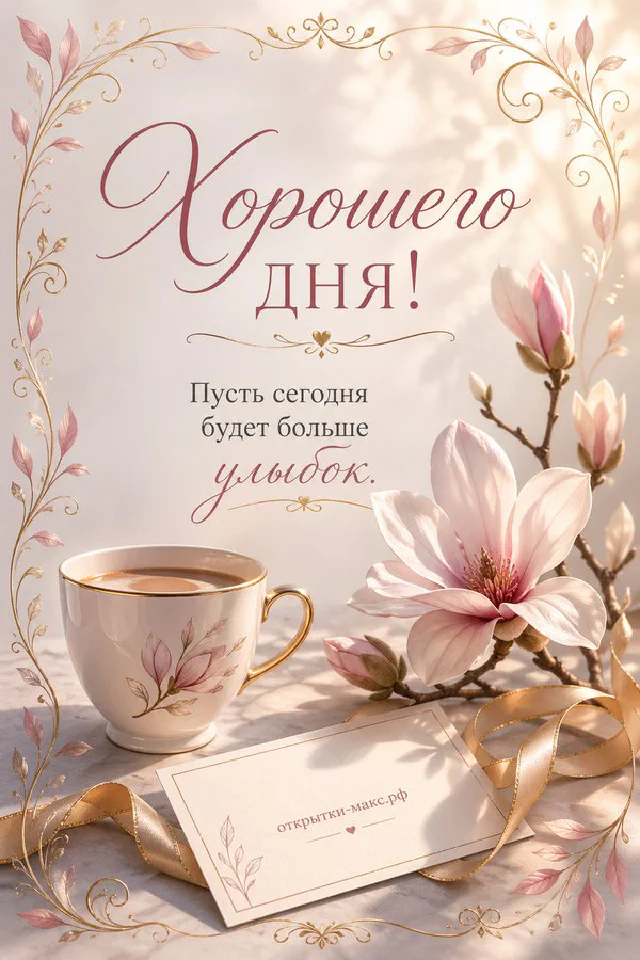 Крупные розовые розы с гипсофилой в золотой рамке, открытка «Хорошего дня!» — вариант 2