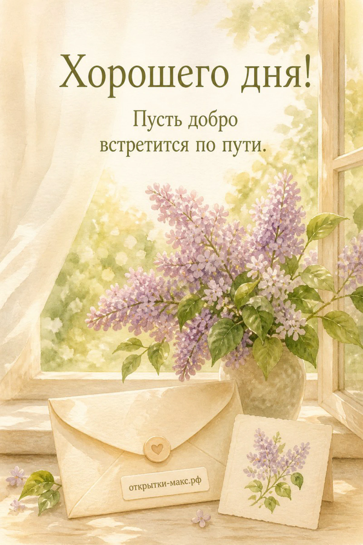 Акварельная ваза с лиловой сиренью и конверт у светлого окна, надпись «Хорошего дня» зелёным шрифтом