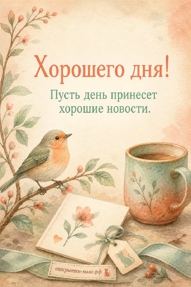 Акварельная открытка хорошего дня с сиренью в банке у распахнутого окна и конвертом на деревянном подоконнике — вариант 2