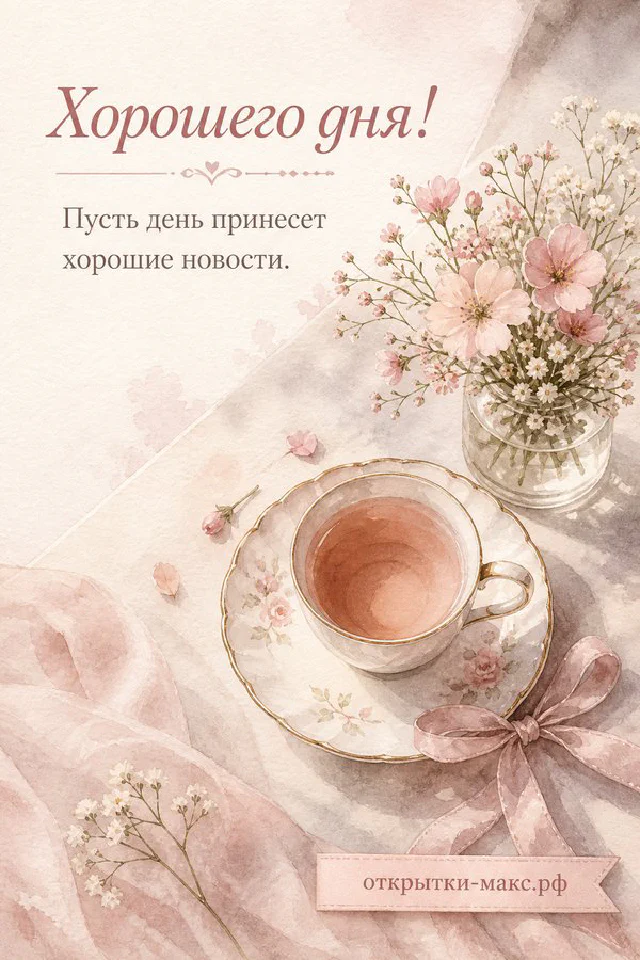 Акварельная открытка хорошего дня с сиренью в банке у распахнутого окна и конвертом на деревянном подоконнике — вариант 5