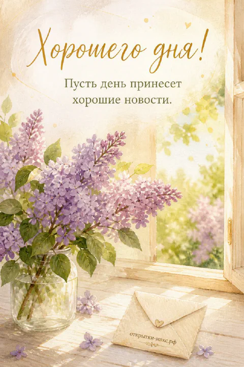Акварельная открытка хорошего дня с сиренью в банке у распахнутого окна и конвертом на деревянном подоконнике