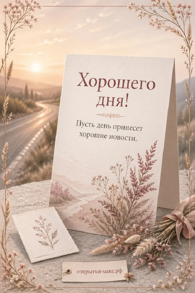 Акварельная открытка хорошего дня с сиренью в банке у распахнутого окна и конвертом на деревянном подоконнике — вариант 4