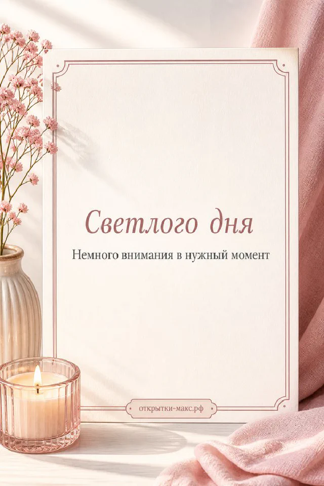 Открытка «Светлого дня» в рамке на белом фоне рядом с горящей розовой свечой и ветками розового цветка — вариант 3