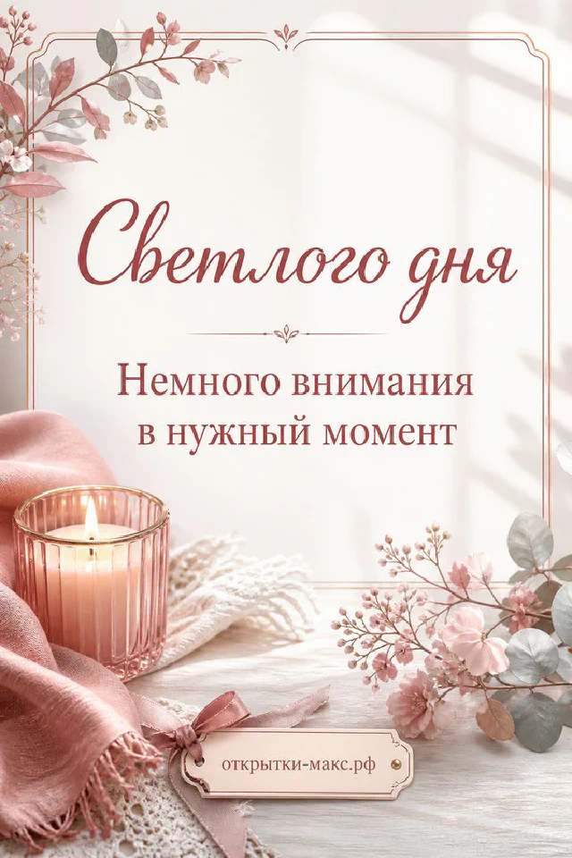 Открытка «Светлого дня» в рамке на белом фоне рядом с горящей розовой свечой и ветками розового цветка — вариант 4