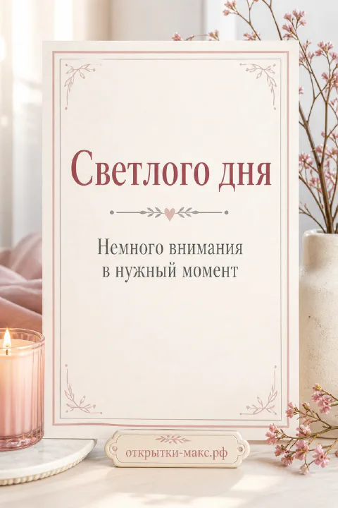 Открытка «Светлого дня» в рамке на белом фоне рядом с горящей розовой свечой и ветками розового цветка