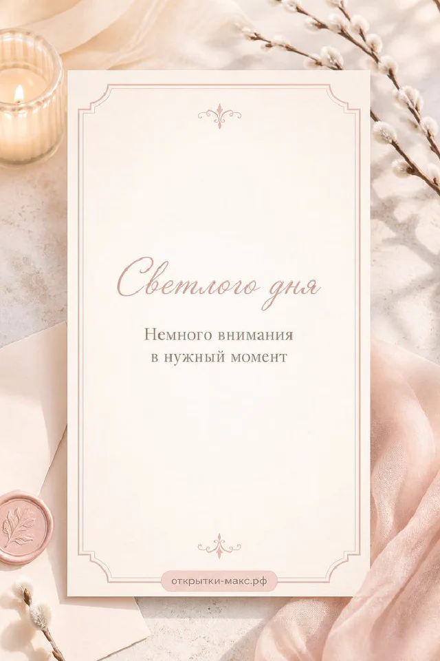 Открытка «Светлого дня» в рамке на белом фоне рядом с горящей розовой свечой и ветками розового цветка — вариант 2
