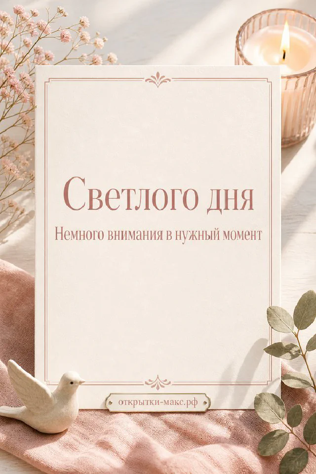 Открытка «Светлого дня» в рамке на белом фоне рядом с горящей розовой свечой и ветками розового цветка — вариант 5