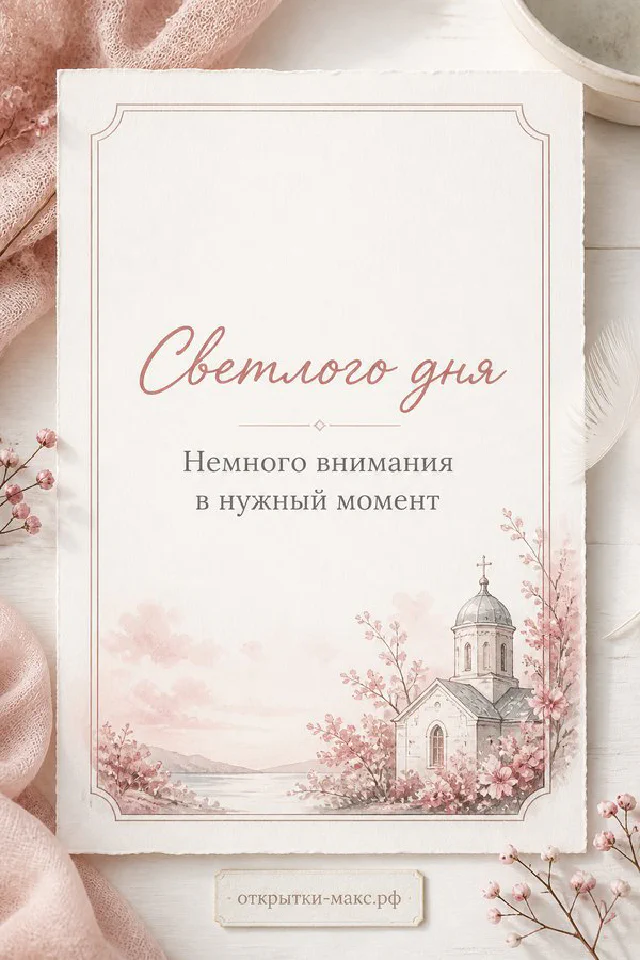 Открытка «Светлого дня» в рамке на белом фоне рядом с горящей розовой свечой и ветками розового цветка — вариант 6