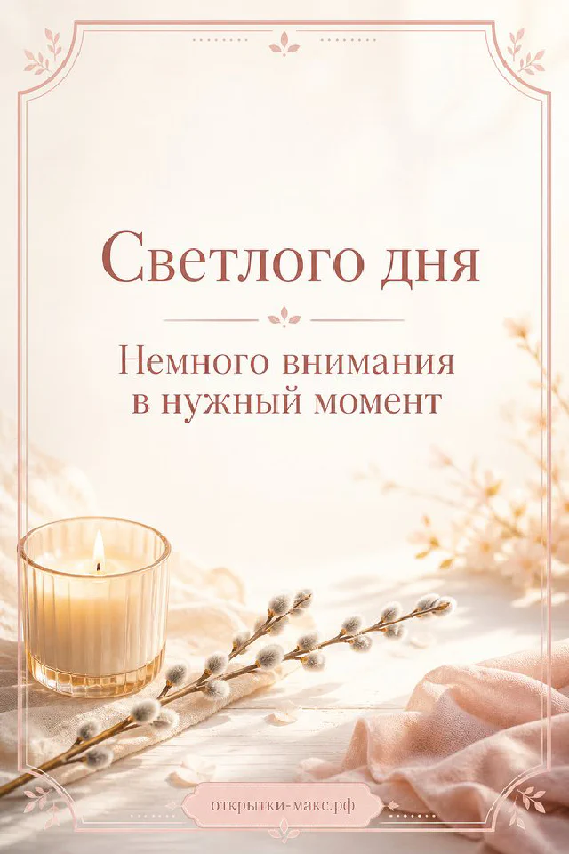Открытка «Светлого дня» в рамке на белом фоне рядом с горящей розовой свечой и ветками розового цветка — вариант 7