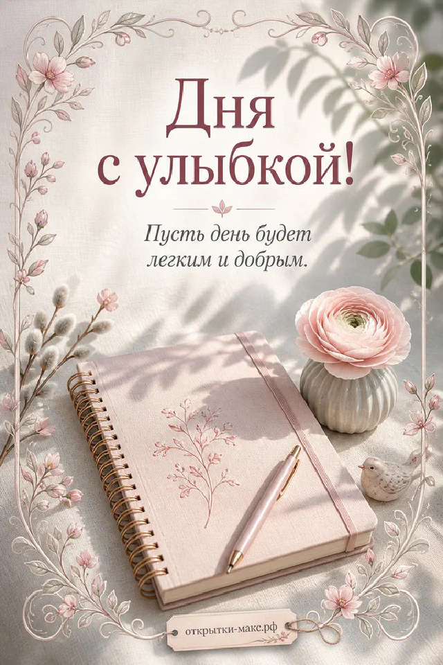 Ваза с розовыми пионами и чашка кофе на фоне городских куполов за окном, надпись «Дня с улыбкой» — вариант 2