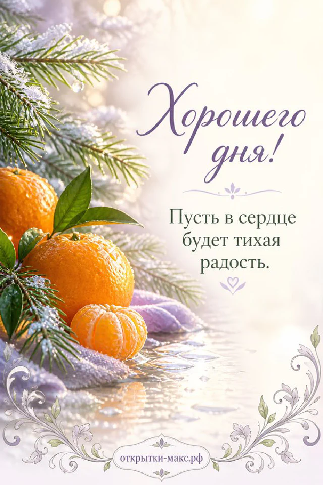 Открытка хорошего дня с розовыми и золотыми листьями, бежевой вазой и текстом на светлом фоне — вариант 2