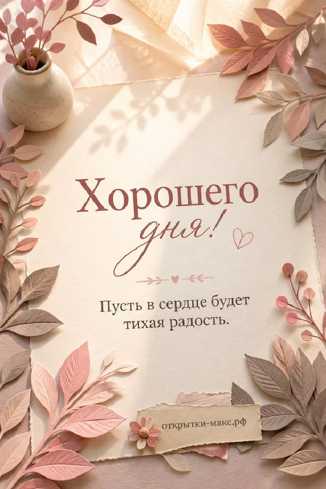 Открытка хорошего дня с розовыми и золотыми листьями, бежевой вазой и текстом на светлом фоне — вариант 3