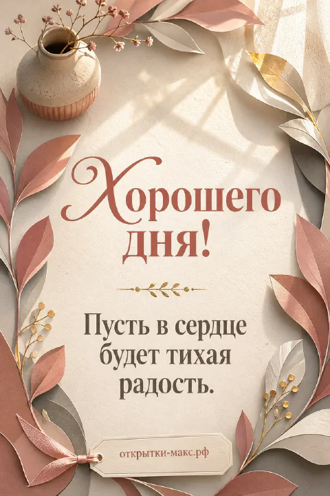 Открытка хорошего дня с розовыми и золотыми листьями, бежевой вазой и текстом на светлом фоне