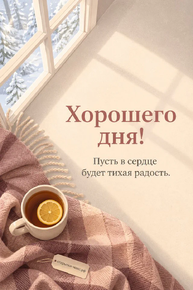 Открытка хорошего дня с розовыми и золотыми листьями, бежевой вазой и текстом на светлом фоне — вариант 4