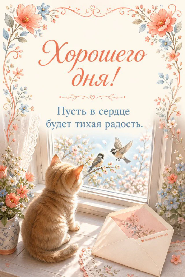 Открытка хорошего дня с розовыми и золотыми листьями, бежевой вазой и текстом на светлом фоне — вариант 5