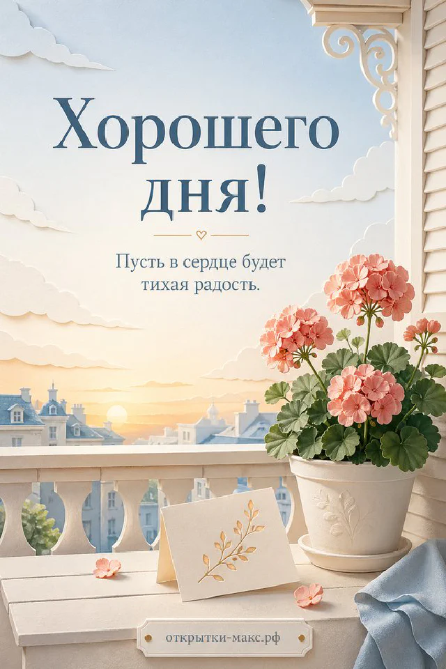 Открытка хорошего дня с розовыми и золотыми листьями, бежевой вазой и текстом на светлом фоне — вариант 6