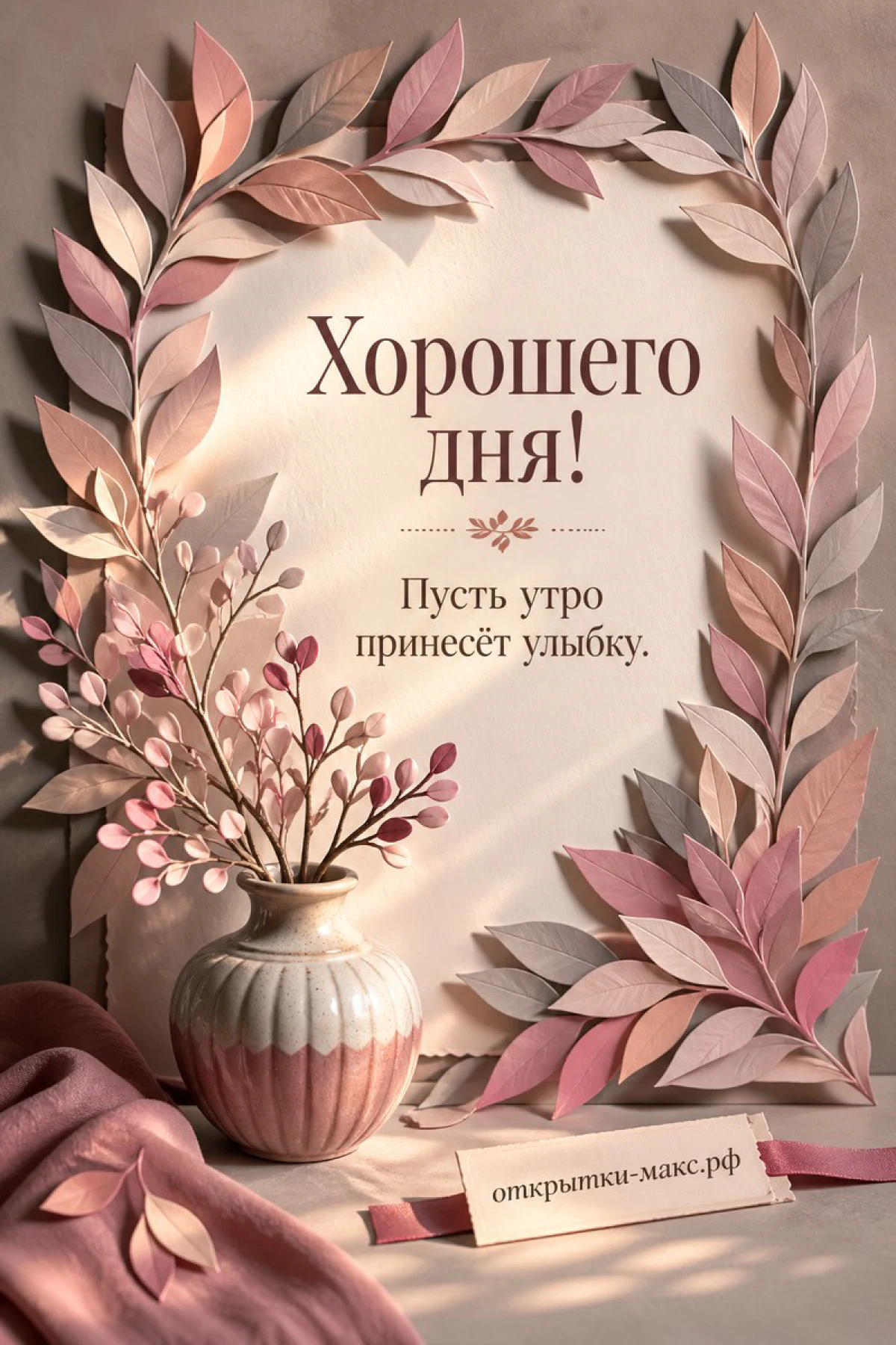 Открытка хорошего дня с розовой вазой и объёмными розово-бежевыми листьями в форме венка на светлом фоне