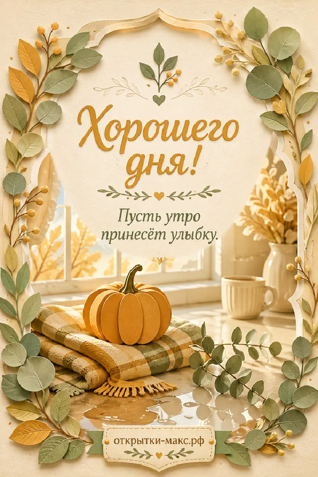 Открытка хорошего дня с розовой вазой и объёмными розово-бежевыми листьями в форме венка на светлом фоне — вариант 2