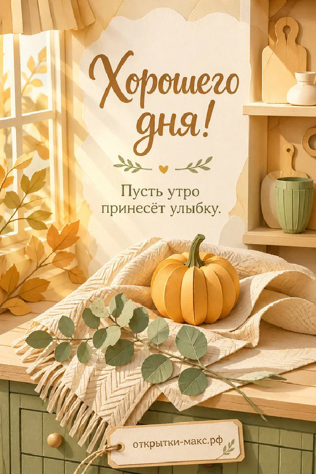 Открытка хорошего дня с розовой вазой и объёмными розово-бежевыми листьями в форме венка на светлом фоне — вариант 3