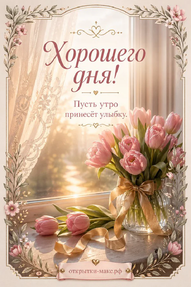 Открытка хорошего дня с розовой вазой и объёмными розово-бежевыми листьями в форме венка на светлом фоне — вариант 4
