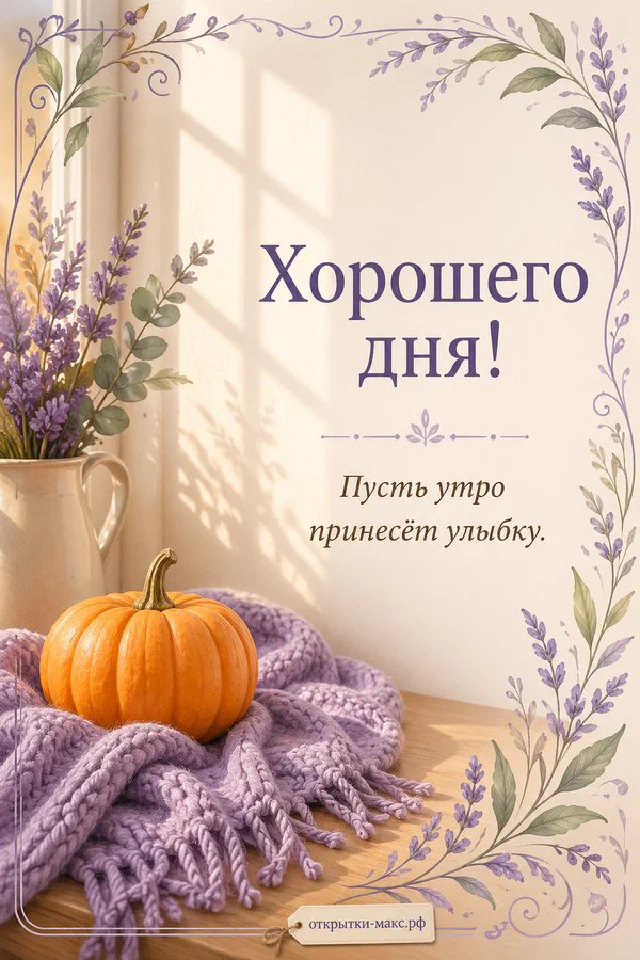 Открытка хорошего дня с розовой вазой и объёмными розово-бежевыми листьями в форме венка на светлом фоне — вариант 6