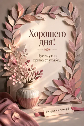 Открытка хорошего дня с розовой вазой и объёмными розово-бежевыми листьями в форме венка на светлом фоне