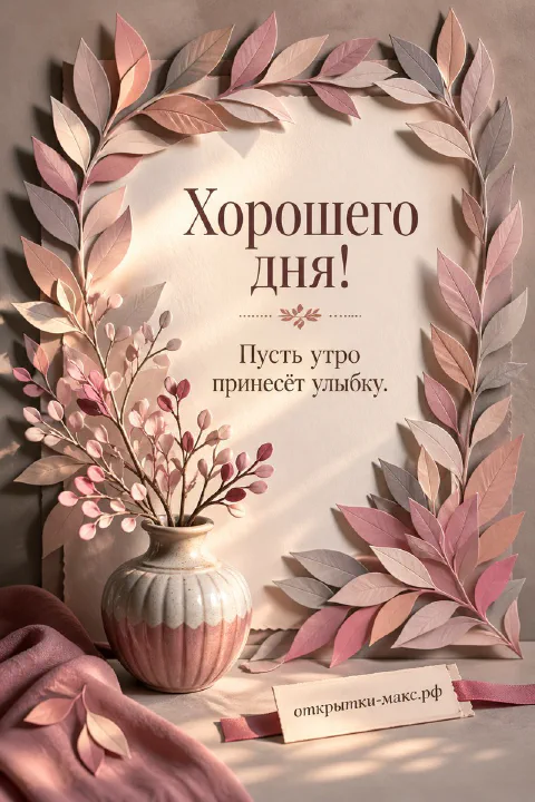 Открытка хорошего дня с розовой вазой и объёмными розово-бежевыми листьями в форме венка на светлом фоне
