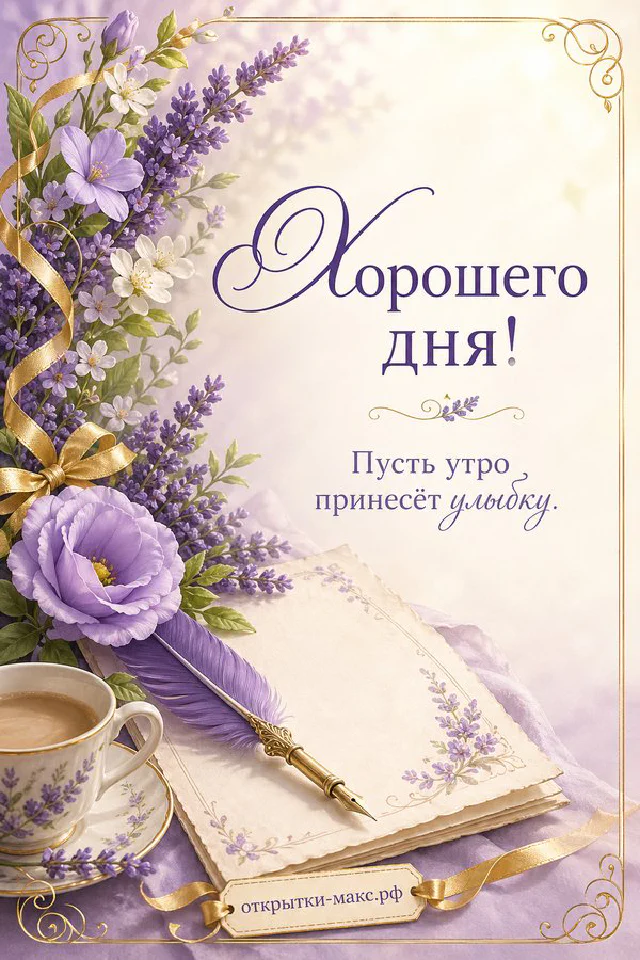 Открытка хорошего дня с розовой вазой и объёмными розово-бежевыми листьями в форме венка на светлом фоне — вариант 5