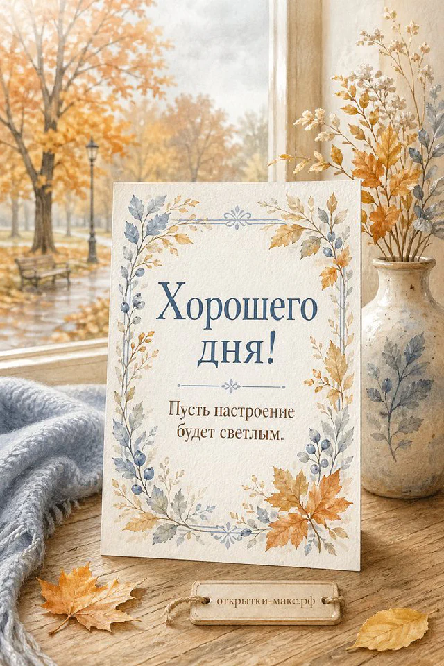 Открытка «Хорошего дня» с венком из зелёных листьев, лаванды и капель росы — вариант 3