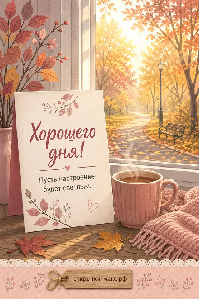 Открытка «Хорошего дня» с венком из зелёных листьев, лаванды и капель росы — вариант 4