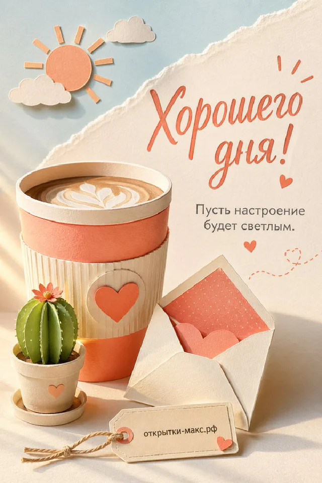 Открытка «Хорошего дня» с венком из зелёных листьев, лаванды и капель росы — вариант 8