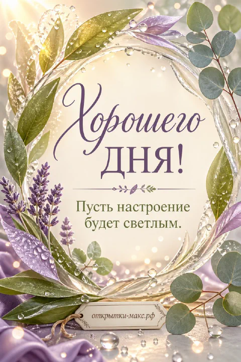 Открытка «Хорошего дня» с венком из зелёных листьев, лаванды и капель росы