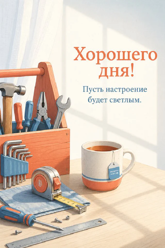 Открытка «Хорошего дня» с венком из зелёных листьев, лаванды и капель росы — вариант 2