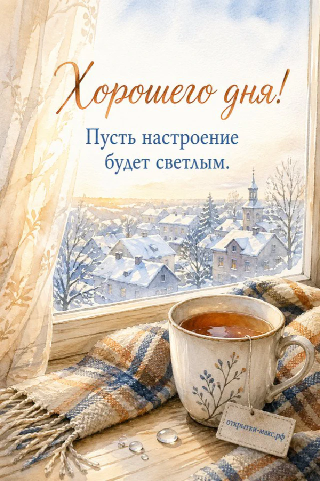 Открытка «Хорошего дня» с венком из зелёных листьев, лаванды и капель росы — вариант 6