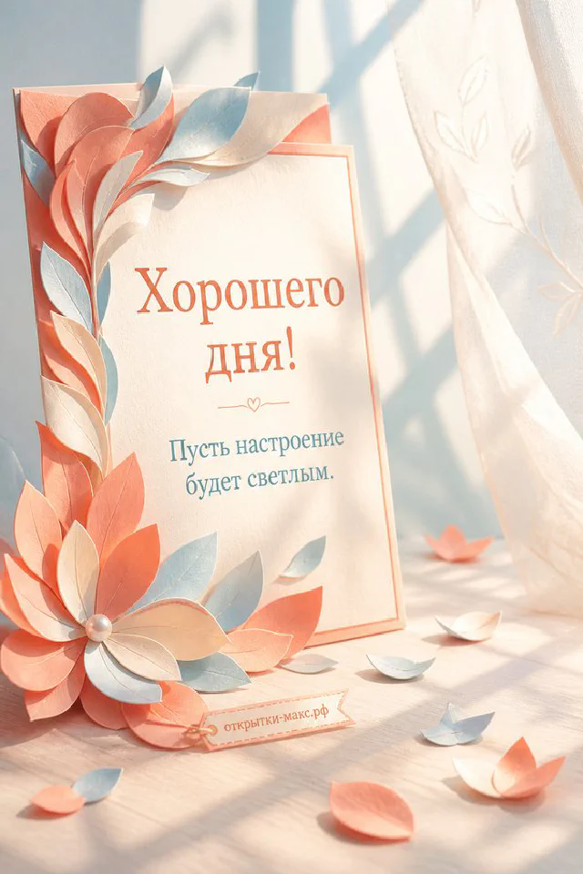 Открытка «Хорошего дня» с венком из зелёных листьев, лаванды и капель росы — вариант 7