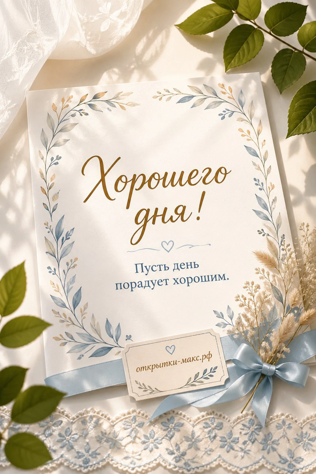 Светлая открытка с венком из голубых и золотых полевых цветов, надпись «Хорошего дня» золотым шрифтом