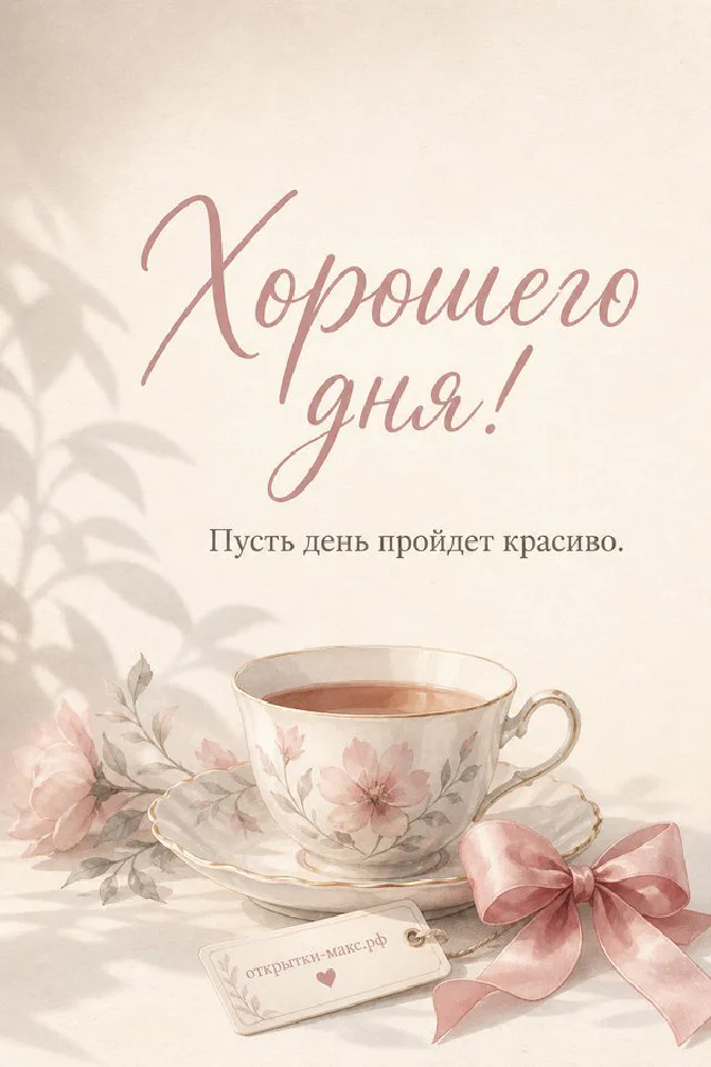 Цветущие белые ветки яблони над маленькой открыткой с надписью Хорошего дня на кремовом фоне — вариант 4