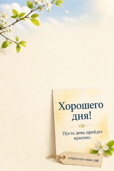 Цветущие белые ветки яблони над маленькой открыткой с надписью Хорошего дня на кремовом фоне