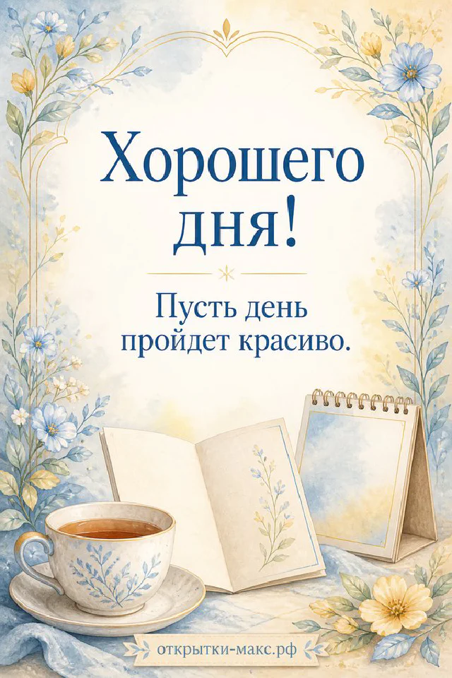 Цветущие белые ветки яблони над маленькой открыткой с надписью Хорошего дня на кремовом фоне — вариант 2