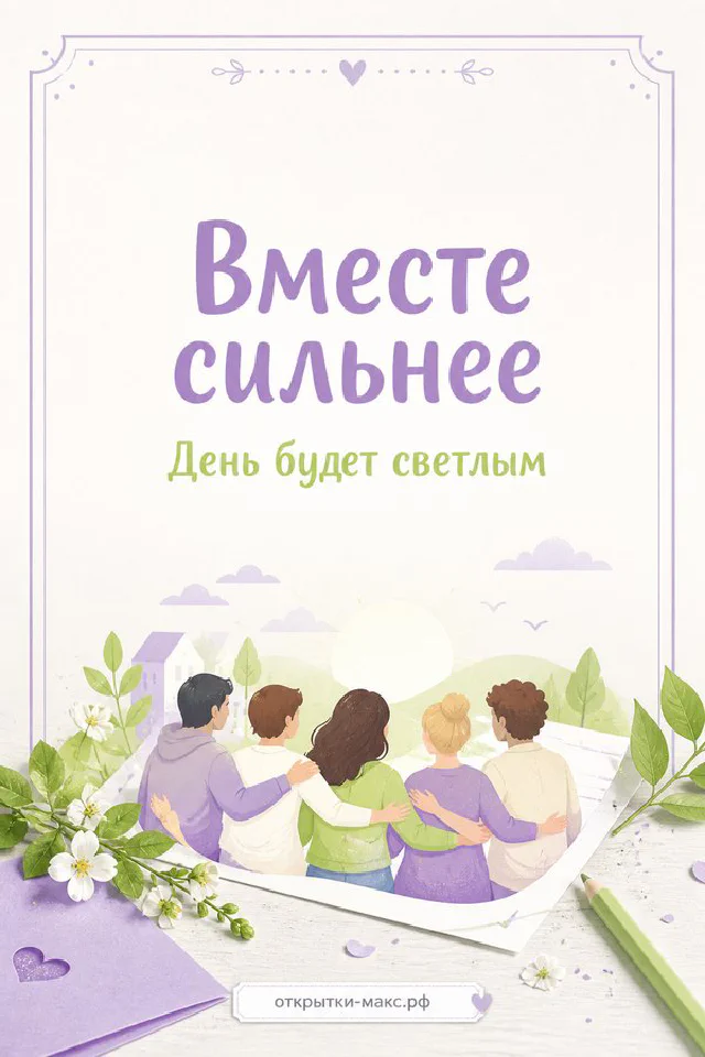 Силуэты четырёх друзей в сиреневых и зелёных тонах с цветами, надписи «Вместе сильнее» и «День будет светлым» — вариант 3