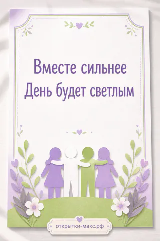 Силуэты четырёх друзей в сиреневых и зелёных тонах с цветами, надписи «Вместе сильнее» и «День будет светлым»