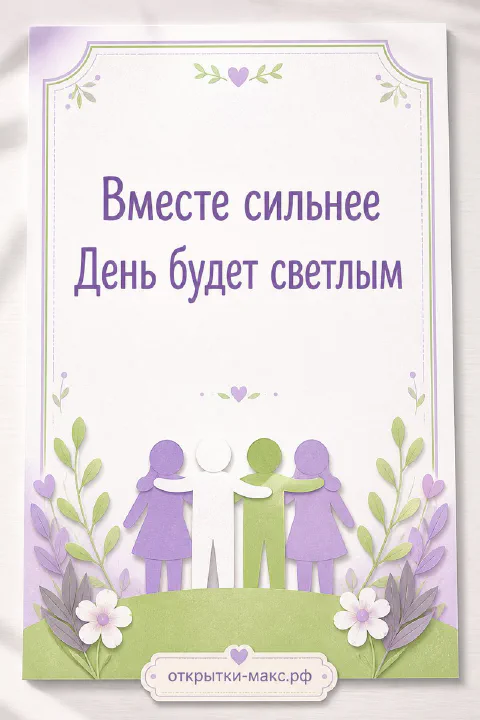 Силуэты четырёх друзей в сиреневых и зелёных тонах с цветами, надписи «Вместе сильнее» и «День будет светлым»