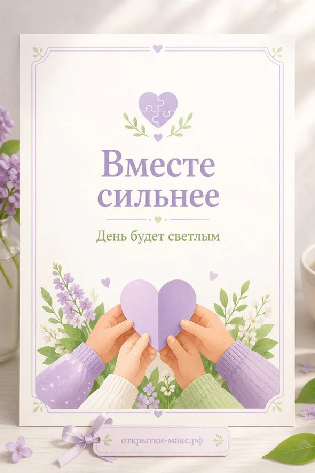 Силуэты четырёх друзей в сиреневых и зелёных тонах с цветами, надписи «Вместе сильнее» и «День будет светлым» — вариант 2